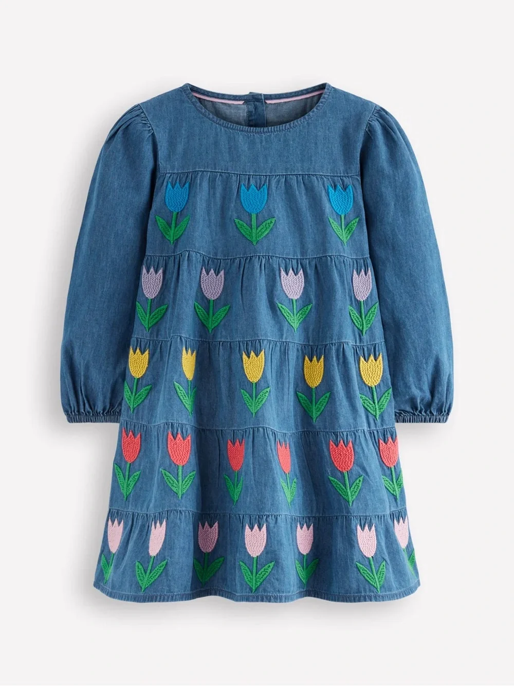 Mini Boden Kids' Tulip Embroidered Long Sleeve Denim Dress